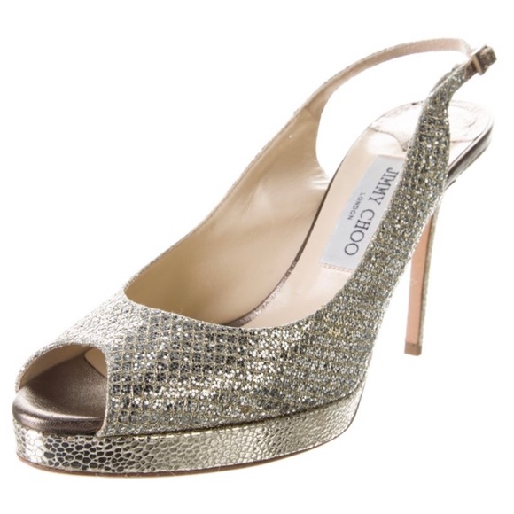 JIMMY CHOO Slingback Pumps Glitter Nova Fabric Champagne Peep Toe Metallic Gold - Picture 2 of 10